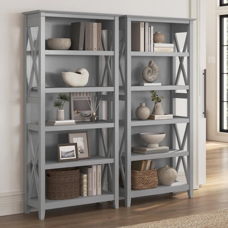 5 Shelf Bookcase Set of 2 - 32"W x 13"D x 66"H - 50lbs Per Shelf - Farmhouse Style - Home Office
