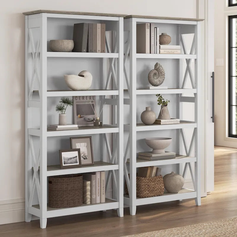5 Shelf Bookcase Set of 2 - 32"W x 13"D x 66"H - 50lbs Per Shelf - Farmhouse Style - Home Office