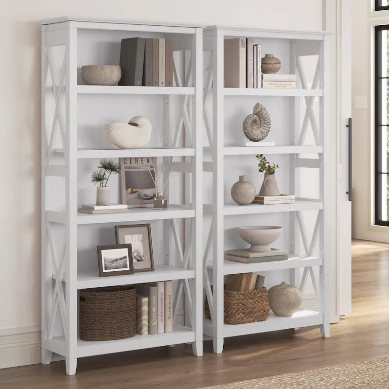 5 Shelf Bookcase Set of 2 - 32"W x 13"D x 66"H - 50lbs Per Shelf - Farmhouse Style - Home Office