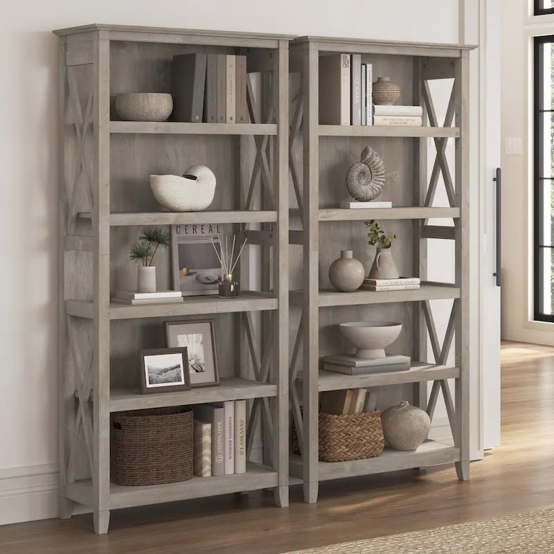 5 Shelf Bookcase Set of 2 - 32"W x 13"D x 66"H - 50lbs Per Shelf - Farmhouse Style - Home Office