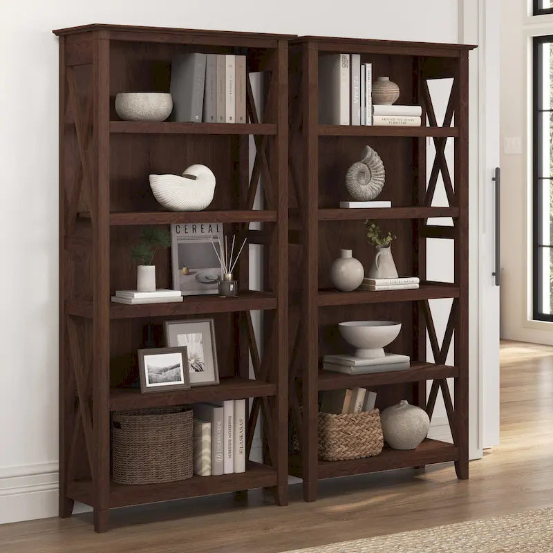 5 Shelf Bookcase Set of 2 - 32"W x 13"D x 66"H - 50lbs Per Shelf - Farmhouse Style - Home Office