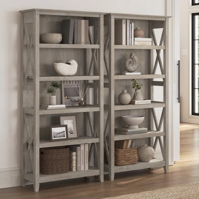 5 Shelf Bookcase Set of 2 - 32"W x 13"D x 66"H - 50lbs Per Shelf - Farmhouse Style - Home Office