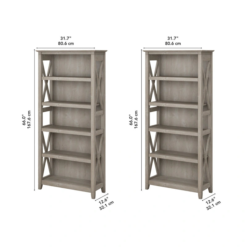5 Shelf Bookcase Set of 2 - 32"W x 13"D x 66"H - 50lbs Per Shelf - Farmhouse Style - Home Office