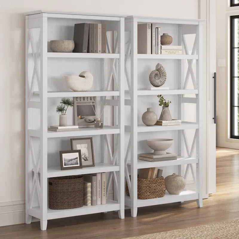5 Shelf Bookcase Set of 2 - 32"W x 13"D x 66"H - 50lbs Per Shelf - Farmhouse Style - Home Office