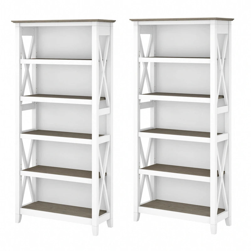 5 Shelf Bookcase Set of 2 - 32"W x 13"D x 66"H - 50lbs Per Shelf - Farmhouse Style - Home Office