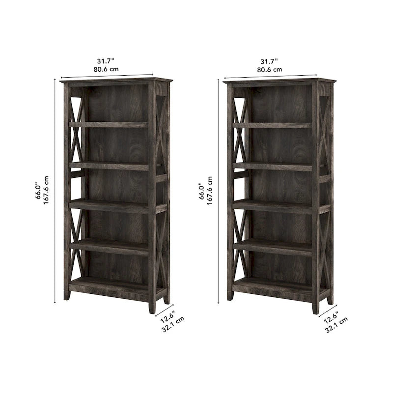 5 Shelf Bookcase Set of 2 - 32"W x 13"D x 66"H - 50lbs Per Shelf - Farmhouse Style - Home Office