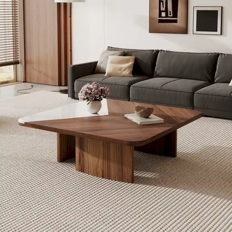 35.43" Square Coffee Table - Solid Wood Veneer - White Sintered Stone Top - Modern - 13"H