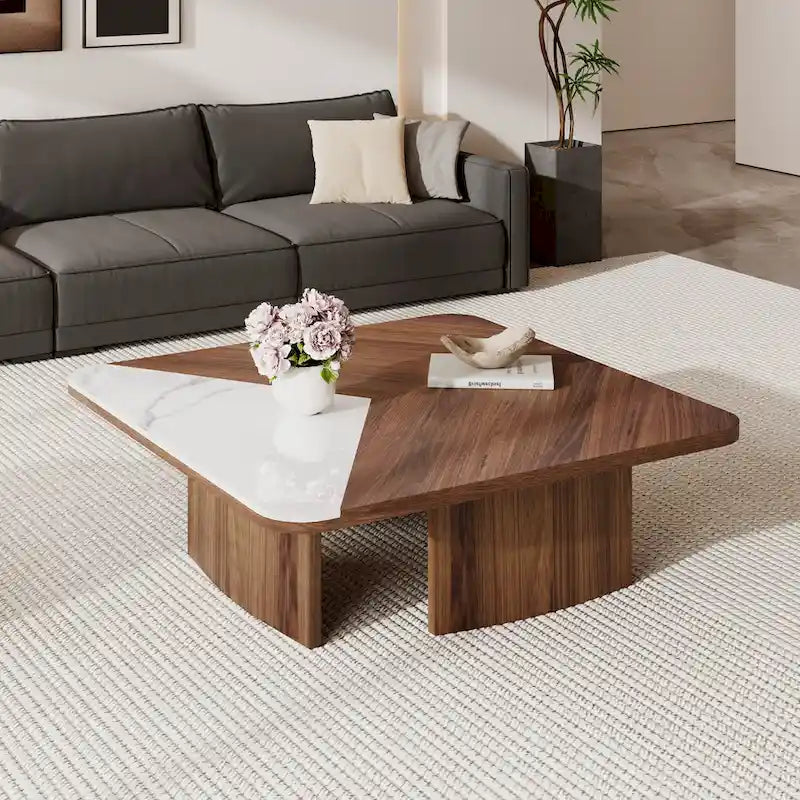 35.43" Square Coffee Table - Solid Wood Veneer - White Sintered Stone Top - Modern - 13"H
