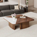 35.43" Square Coffee Table - Solid Wood Veneer - White Sintered Stone Top - Modern - 13"H