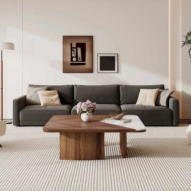 35.43" Square Coffee Table - Solid Wood Veneer - White Sintered Stone Top - Modern - 13"H