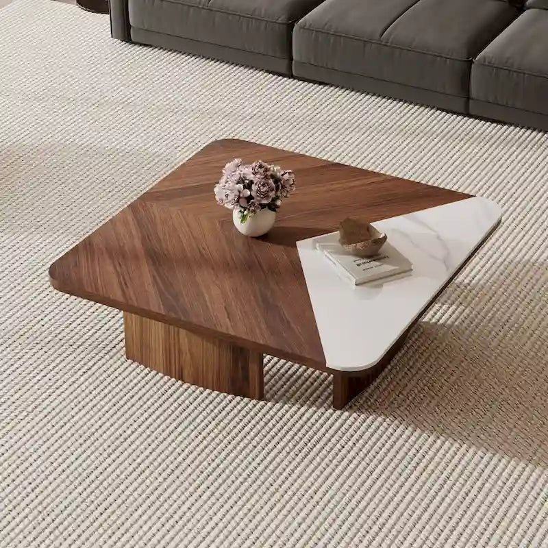 35.43" Square Coffee Table - Solid Wood Veneer - White Sintered Stone Top - Modern - 13"H