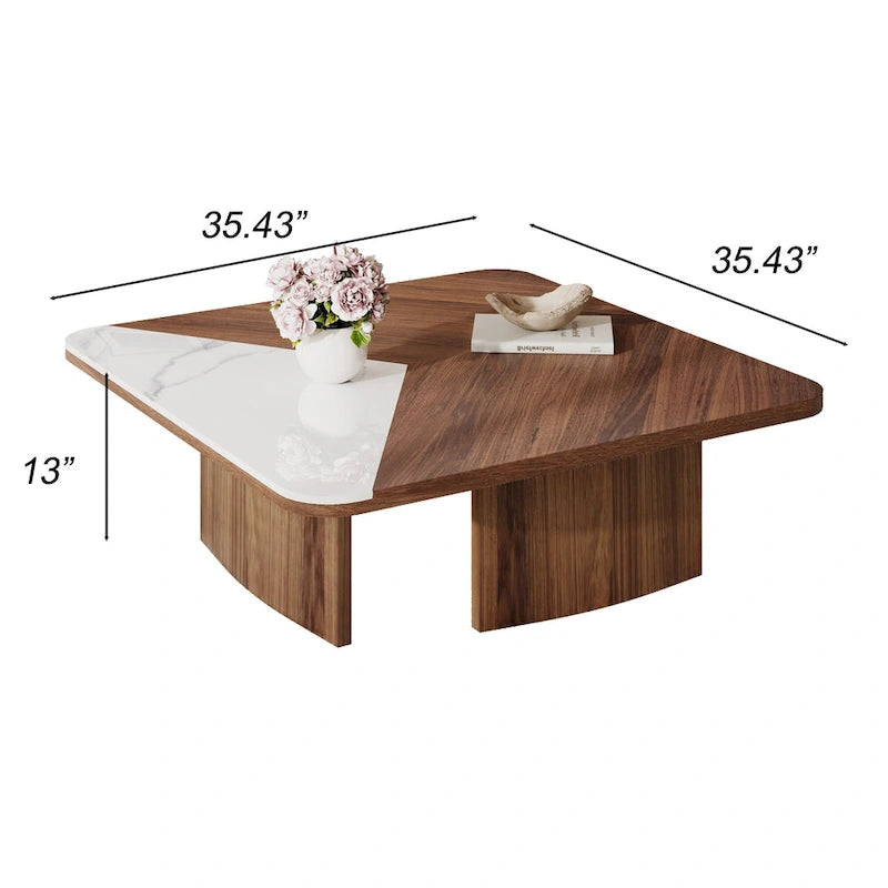 35.43" Square Coffee Table - Solid Wood Veneer - White Sintered Stone Top - Modern - 13"H