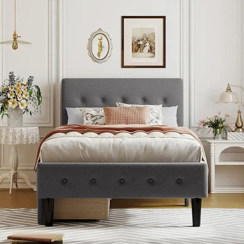 Twin Upholstered Platform Bed with 2 Storage Drawers - Tufted Headboard - Linen - 82.3"L x 42.7"W x 39.6"H