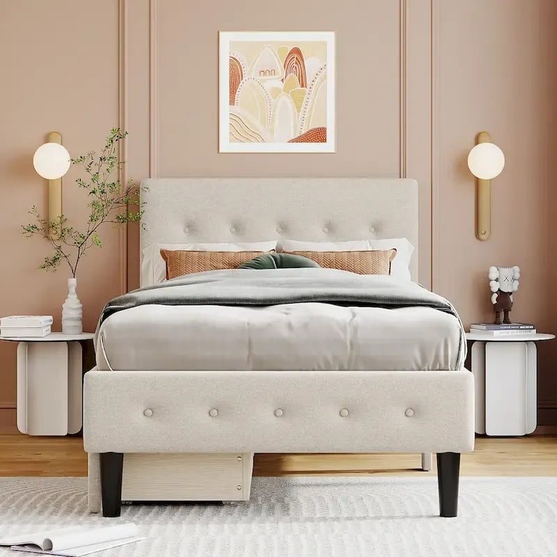 Twin Upholstered Platform Bed with 2 Storage Drawers - Tufted Headboard - Linen - 82.3"L x 42.7"W x 39.6"H