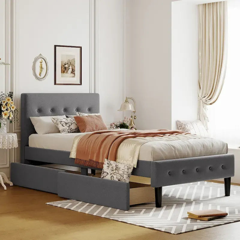 Twin Upholstered Platform Bed with 2 Storage Drawers - Tufted Headboard - Linen - 82.3"L x 42.7"W x 39.6"H
