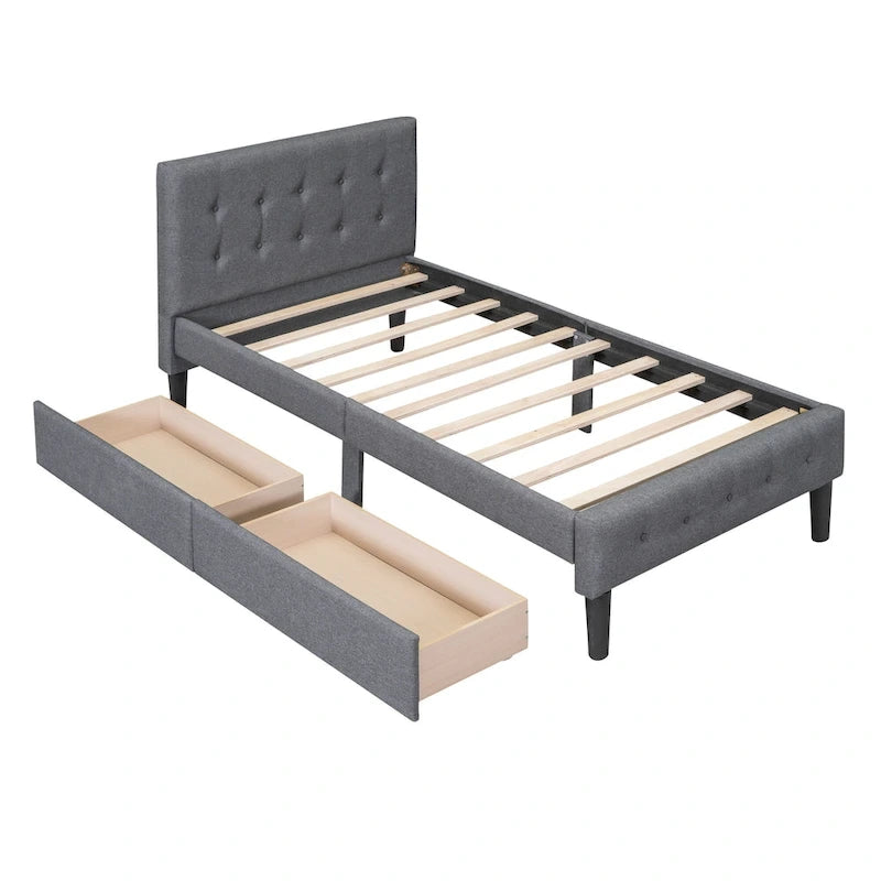 Twin Upholstered Platform Bed with 2 Storage Drawers - Tufted Headboard - Linen - 82.3"L x 42.7"W x 39.6"H