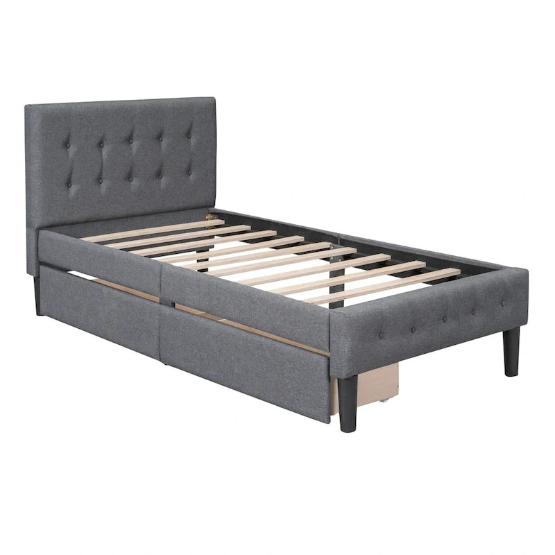 Twin Upholstered Platform Bed with 2 Storage Drawers - Tufted Headboard - Linen - 82.3"L x 42.7"W x 39.6"H