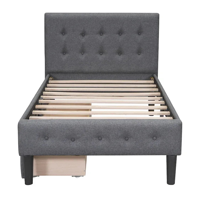 Twin Upholstered Platform Bed with 2 Storage Drawers - Tufted Headboard - Linen - 82.3"L x 42.7"W x 39.6"H