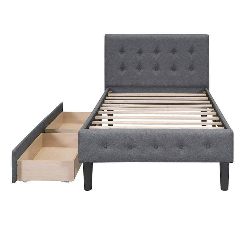 Twin Upholstered Platform Bed with 2 Storage Drawers - Tufted Headboard - Linen - 82.3"L x 42.7"W x 39.6"H