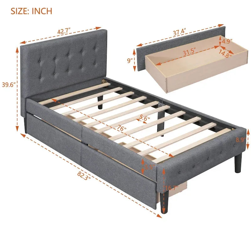 Twin Upholstered Platform Bed with 2 Storage Drawers - Tufted Headboard - Linen - 82.3"L x 42.7"W x 39.6"H