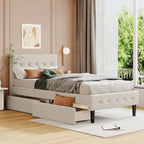 Twin Upholstered Platform Bed with 2 Storage Drawers - Tufted Headboard - Linen - 82.3"L x 42.7"W x 39.6"H