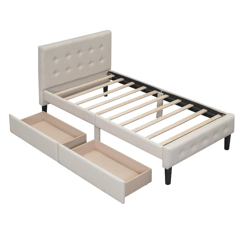 Twin Upholstered Platform Bed with 2 Storage Drawers - Tufted Headboard - Linen - 82.3"L x 42.7"W x 39.6"H