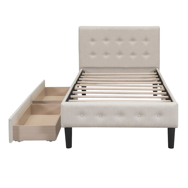 Twin Upholstered Platform Bed with 2 Storage Drawers - Tufted Headboard - Linen - 82.3"L x 42.7"W x 39.6"H