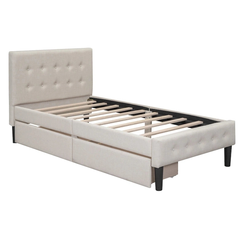 Twin Upholstered Platform Bed with 2 Storage Drawers - Tufted Headboard - Linen - 82.3"L x 42.7"W x 39.6"H