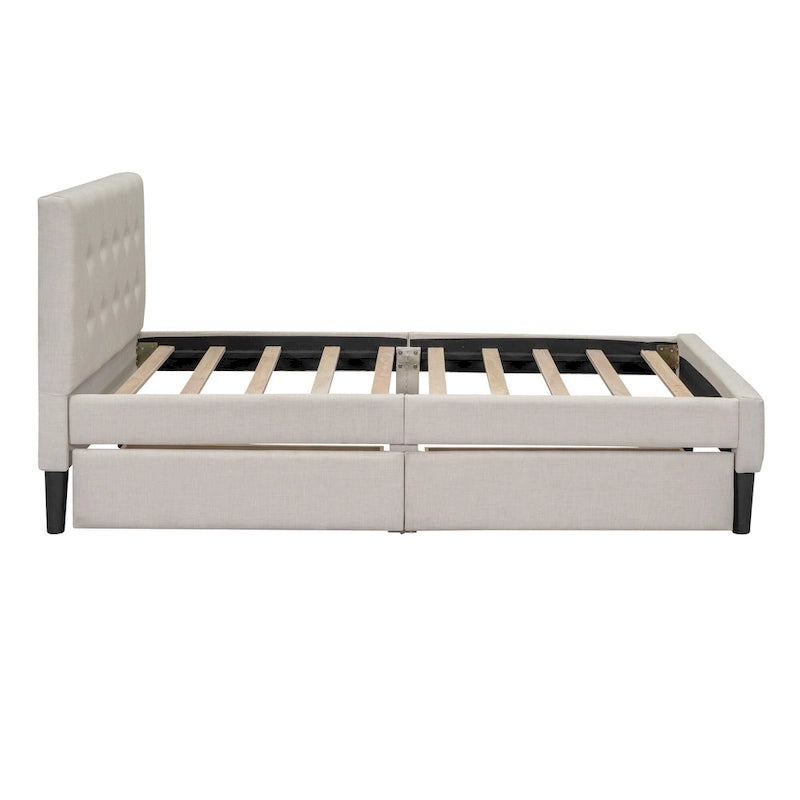 Twin Upholstered Platform Bed with 2 Storage Drawers - Tufted Headboard - Linen - 82.3"L x 42.7"W x 39.6"H