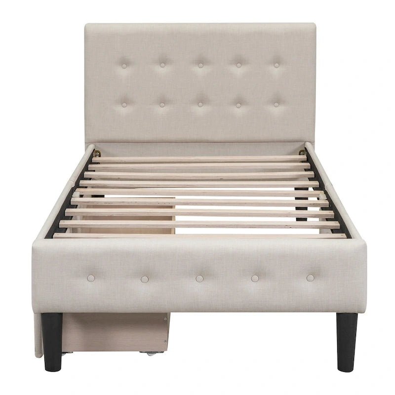 Twin Upholstered Platform Bed with 2 Storage Drawers - Tufted Headboard - Linen - 82.3"L x 42.7"W x 39.6"H