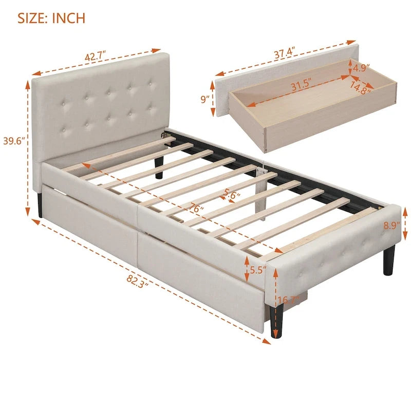 Twin Upholstered Platform Bed with 2 Storage Drawers - Tufted Headboard - Linen - 82.3"L x 42.7"W x 39.6"H