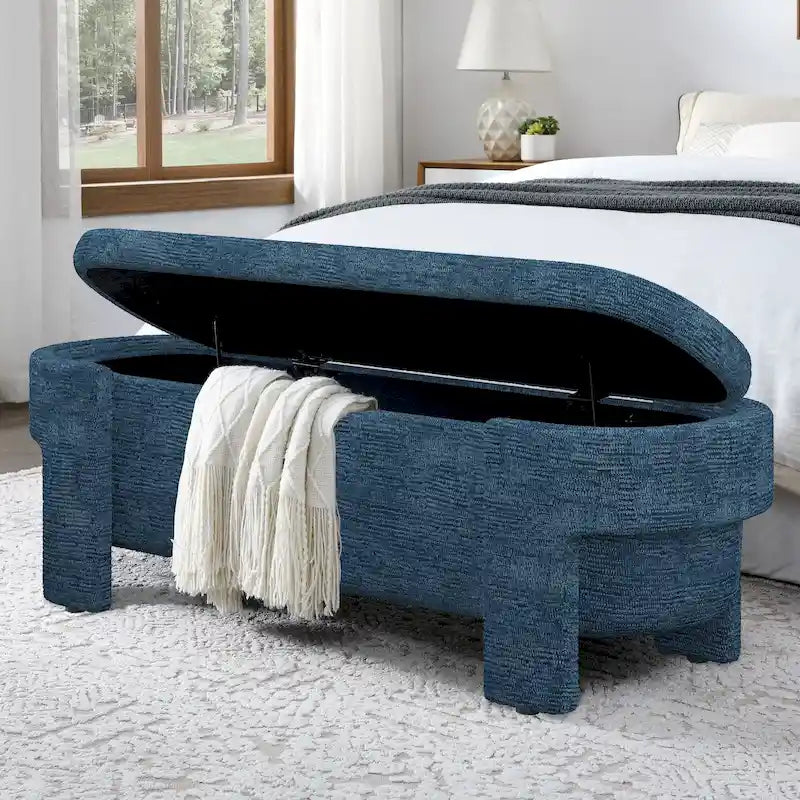 Upholstered Storage Bench 51.5"L - Oval Ottoman Linen Fabric - End of Bed Bedroom Footrest - Fully Assembled