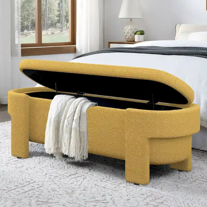 Upholstered Storage Bench 51.5"L - Oval Ottoman Linen Fabric - End of Bed Bedroom Footrest - Fully Assembled