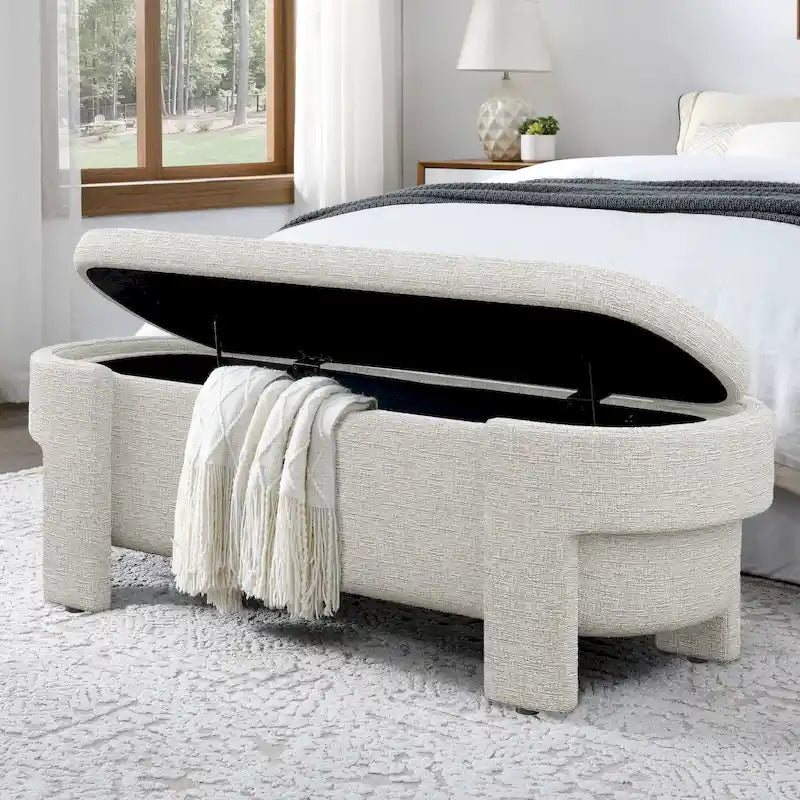 Upholstered Storage Bench 51.5"L - Oval Ottoman Linen Fabric - End of Bed Bedroom Footrest - Fully Assembled