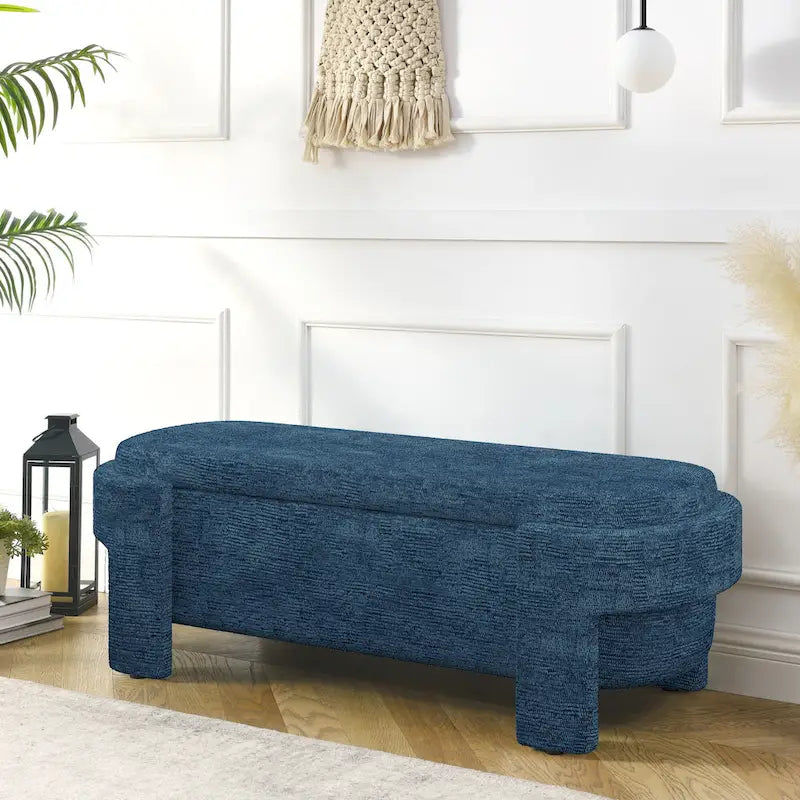 Upholstered Storage Bench 51.5"L - Oval Ottoman Linen Fabric - End of Bed Bedroom Footrest - Fully Assembled