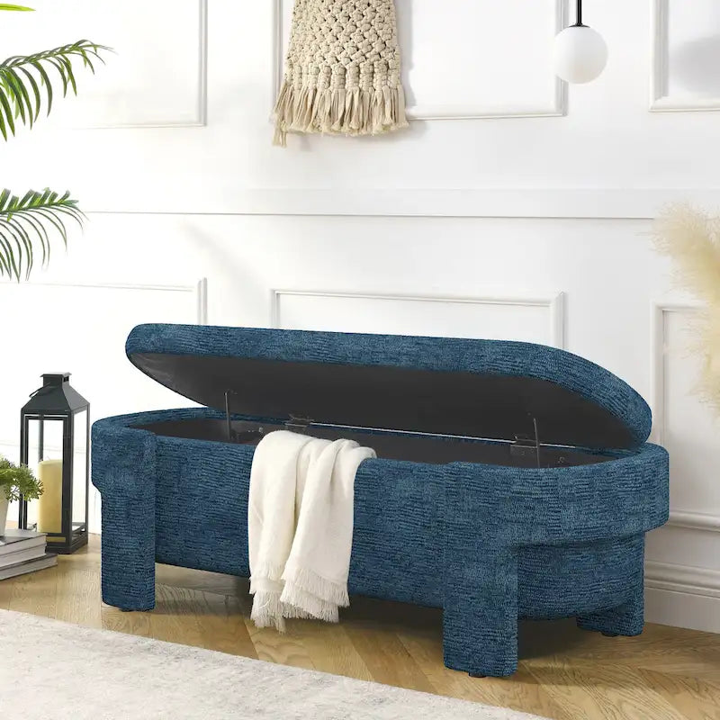 Upholstered Storage Bench 51.5"L - Oval Ottoman Linen Fabric - End of Bed Bedroom Footrest - Fully Assembled