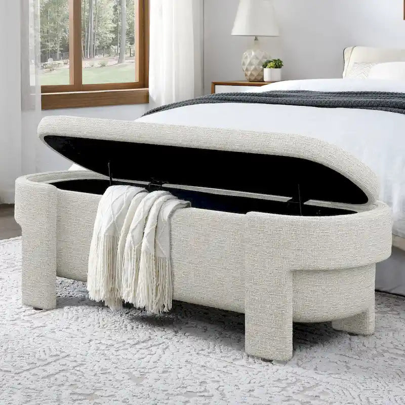 Upholstered Storage Bench 51.5"L - Oval Ottoman Linen Fabric - End of Bed Bedroom Footrest - Fully Assembled