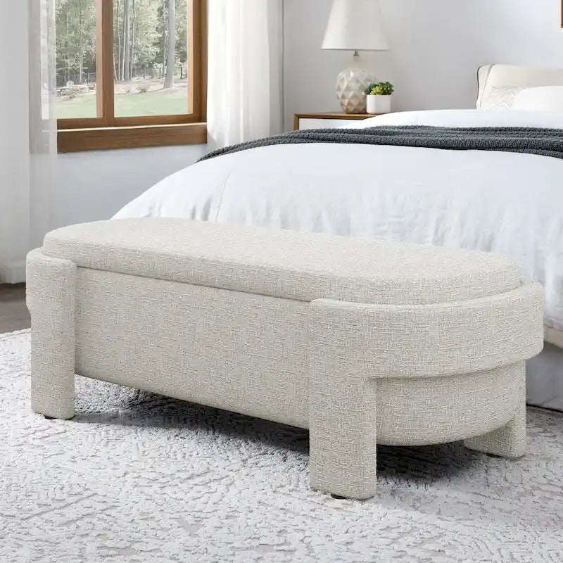 Upholstered Storage Bench 51.5"L - Oval Ottoman Linen Fabric - End of Bed Bedroom Footrest - Fully Assembled
