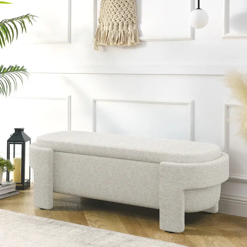 Upholstered Storage Bench 51.5"L - Oval Ottoman Linen Fabric - End of Bed Bedroom Footrest - Fully Assembled