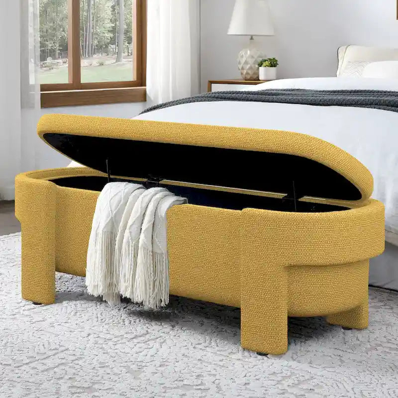 Upholstered Storage Bench 51.5"L - Oval Ottoman Linen Fabric - End of Bed Bedroom Footrest - Fully Assembled