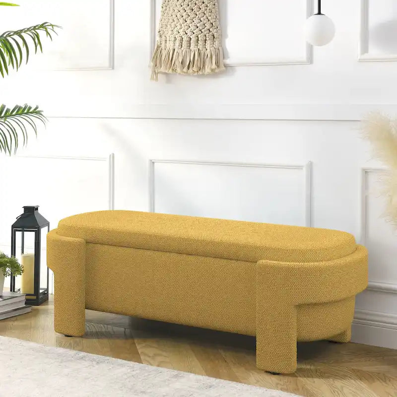 Upholstered Storage Bench 51.5"L - Oval Ottoman Linen Fabric - End of Bed Bedroom Footrest - Fully Assembled