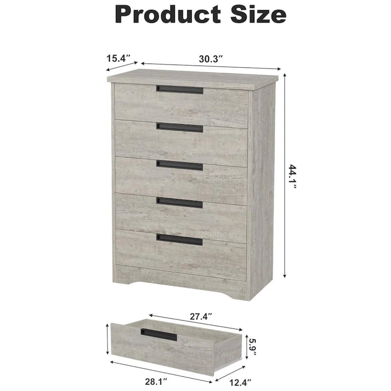 Modern 5 Drawer Dresser - Natural Wood - Smooth Glide Drawers - Bedroom Living Room Nursery Storage Organizer