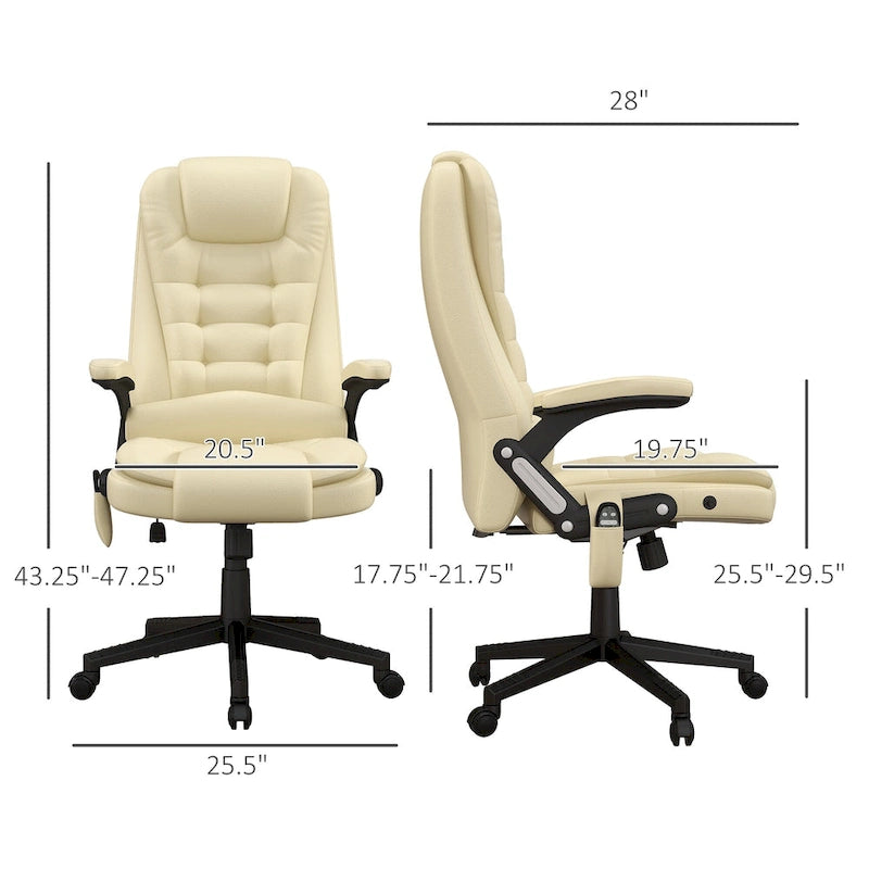 High Back Massage Office Chair - 6 Vibration Points - Beige PU Leather - 120° Recline - 265lbs Capacity