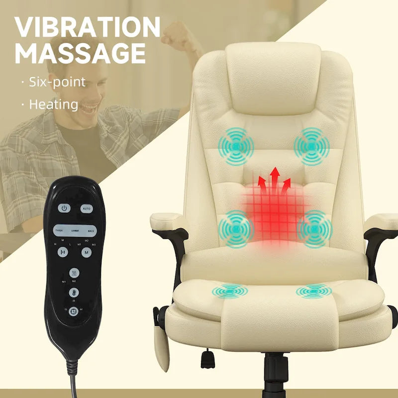 High Back Massage Office Chair - 6 Vibration Points - Beige PU Leather - 120° Recline - 265lbs Capacity
