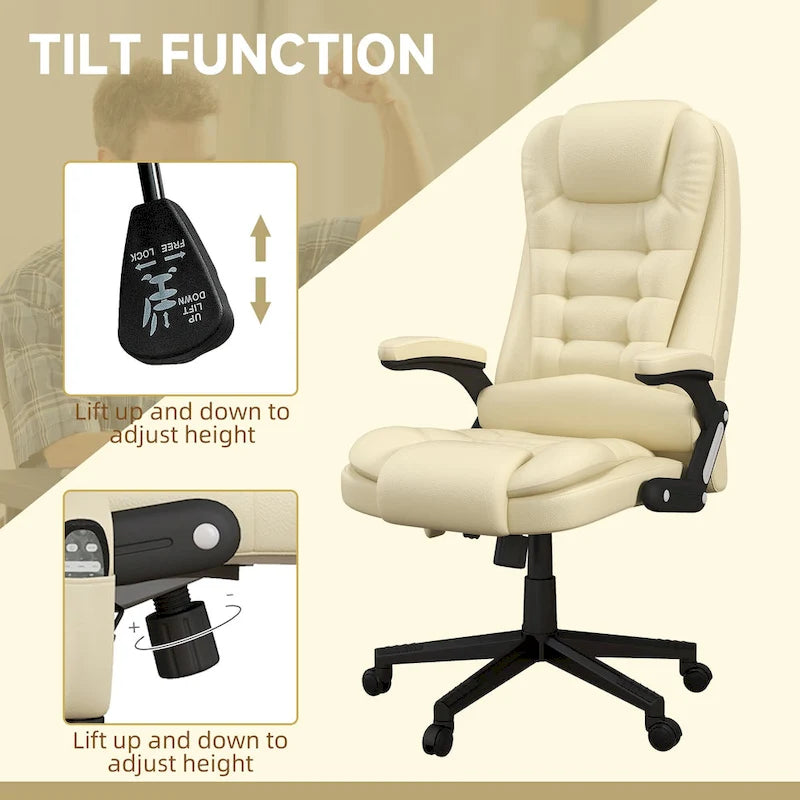 High Back Massage Office Chair - 6 Vibration Points - Beige PU Leather - 120° Recline - 265lbs Capacity