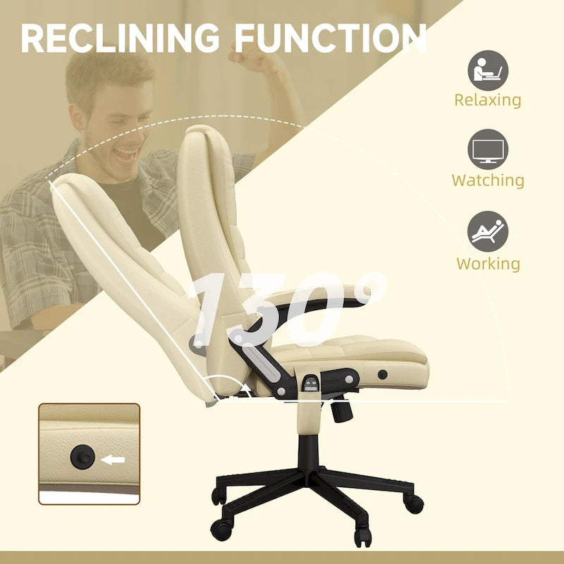 High Back Massage Office Chair - 6 Vibration Points - Beige PU Leather - 120° Recline - 265lbs Capacity