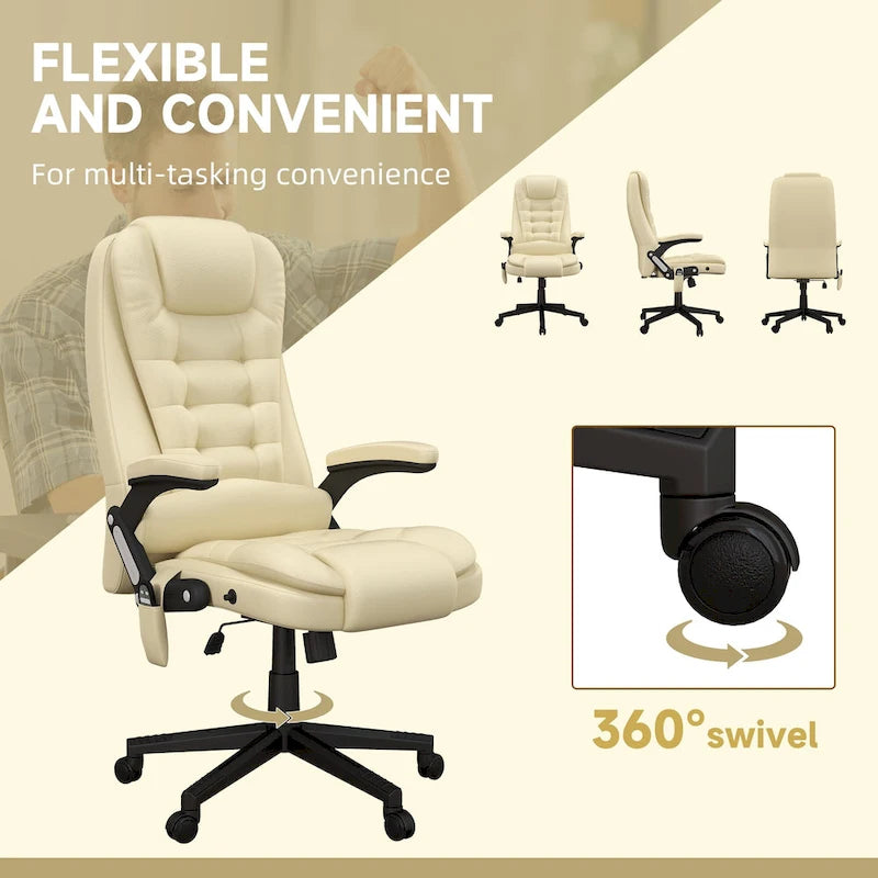 High Back Massage Office Chair - 6 Vibration Points - Beige PU Leather - 120° Recline - 265lbs Capacity