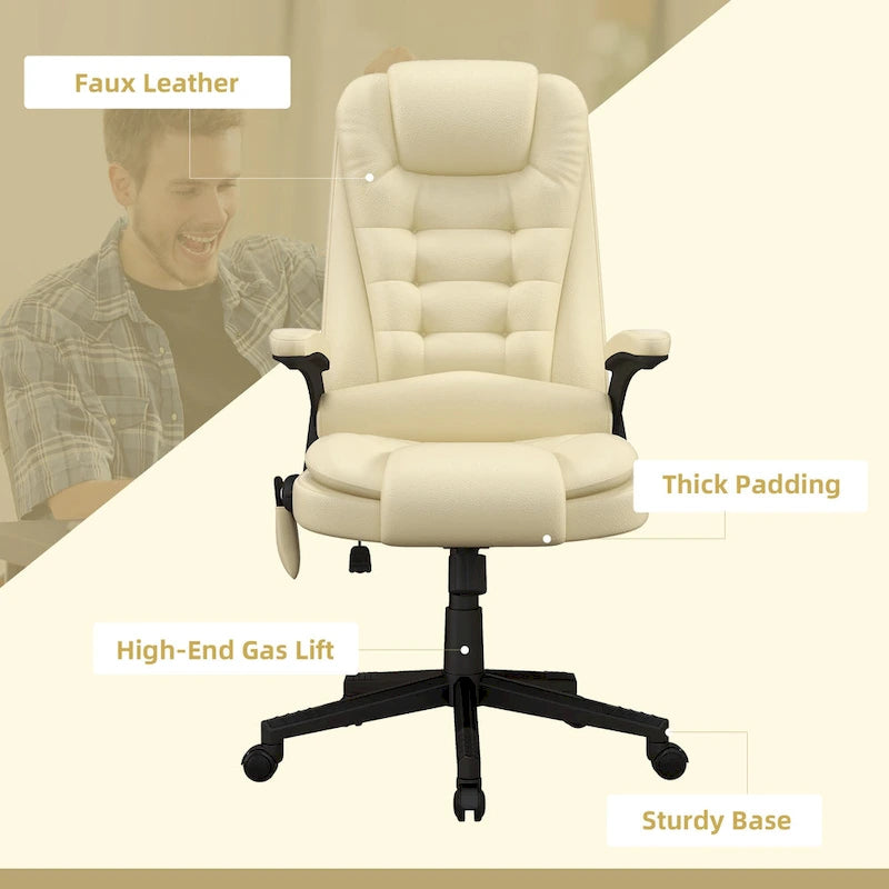 High Back Massage Office Chair - 6 Vibration Points - Beige PU Leather - 120° Recline - 265lbs Capacity