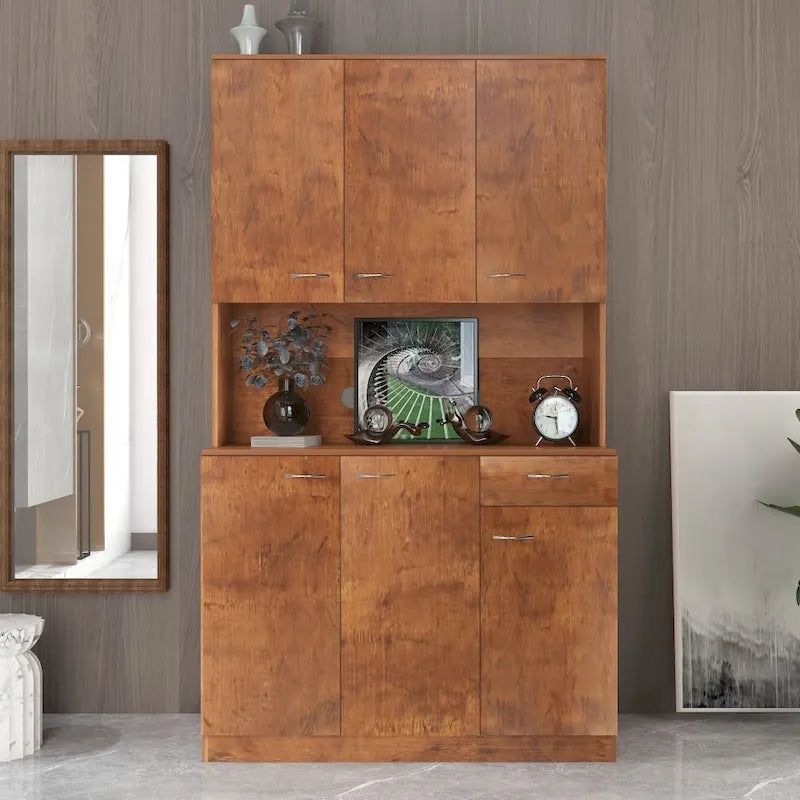 70.87 Tall Wardrobe& Kitchen Cabinet, with 6-Doors, 1-Open Shelves and 1-Drawer for bedroom,Walnut