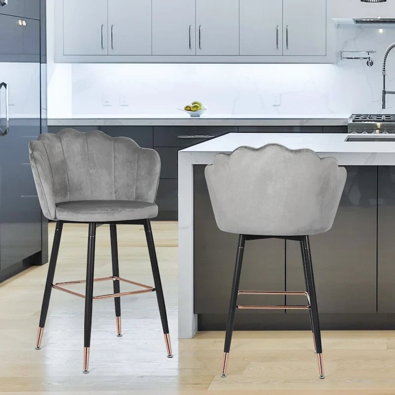 Velvet Bar Stools Set of 2 - 42"H - Metal Legs - Cushioned Seat - Kitchen Counter Height